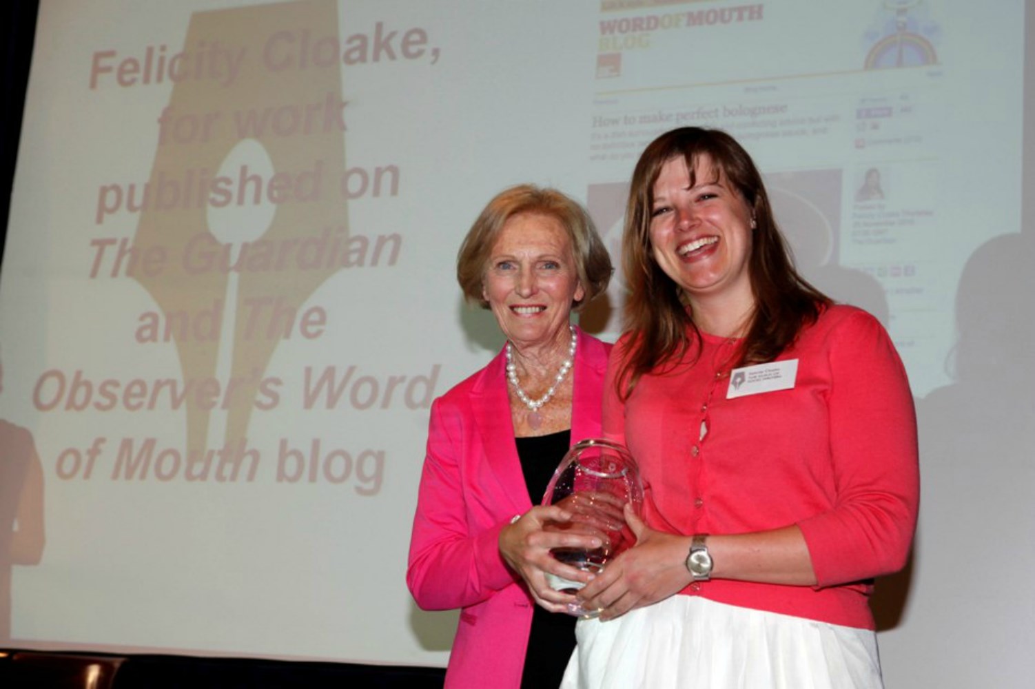 Felicity Cloake (right) receiving one of her two awards from Mary Berry